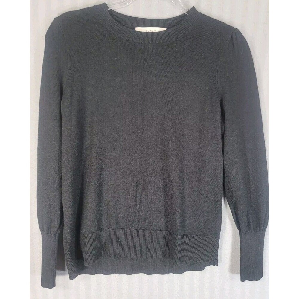 Loft Womens Sweater Large Black Long Balloon Sleeve crew Neck Career Office